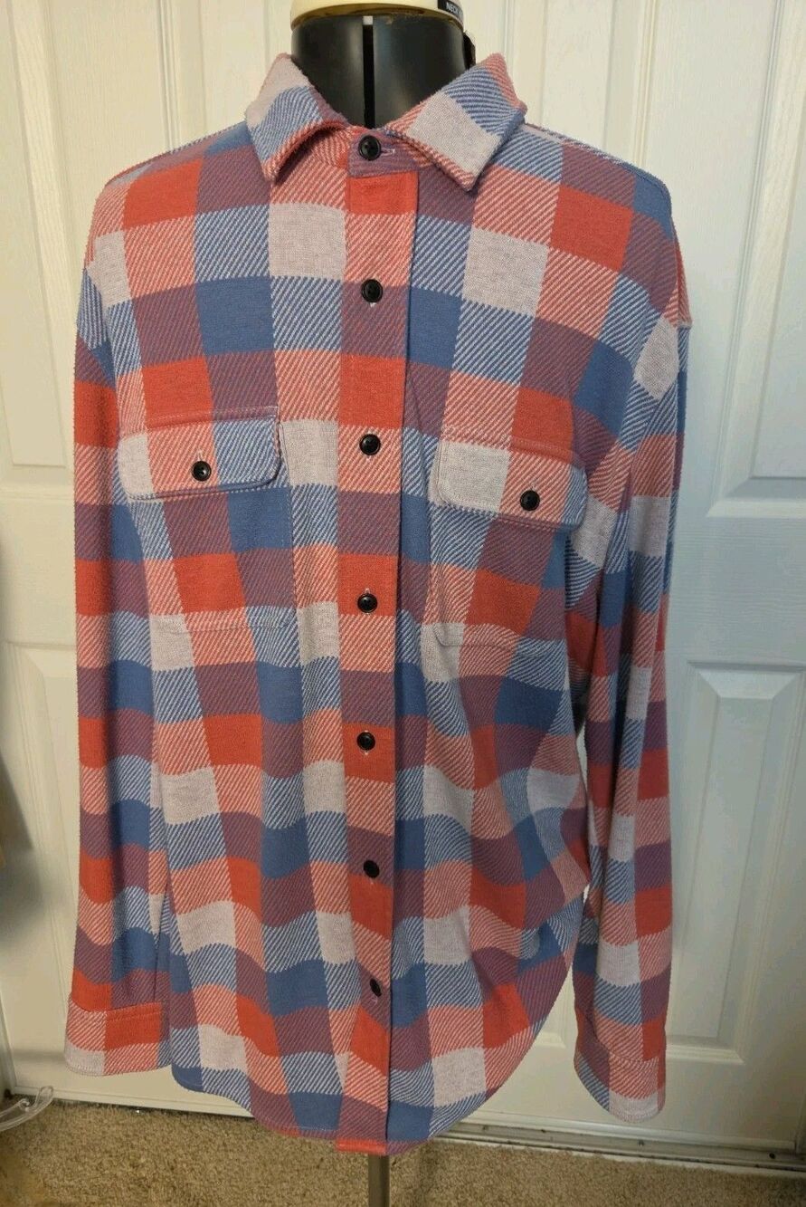 Faherty legend sweater shirt mens large coral blue buffalo plaid EUC
